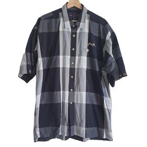 Vintage Phat Farm Blue Button Down Short Sleeve 90s Logo Hip Hop Plaid Size XL